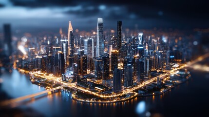 Fototapeta premium Night view of a futuristic cityscape with illuminated skyscrapers and streets surrounded by water.
