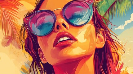 Fototapeta premium Close-up vibrant portrait of a woman wearing sunglasses, tropical background.