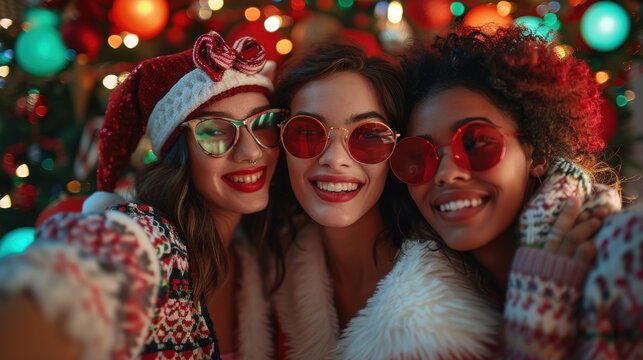 Three diverse young women wearing festive attire and sunglasses smiling and taking a selfie in front of a Christmas tree. - Powered by Adobe