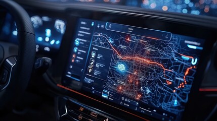 Obraz premium Close-up of a car dashboard showing an illuminated navigation system with a digital map and route tracking interface.