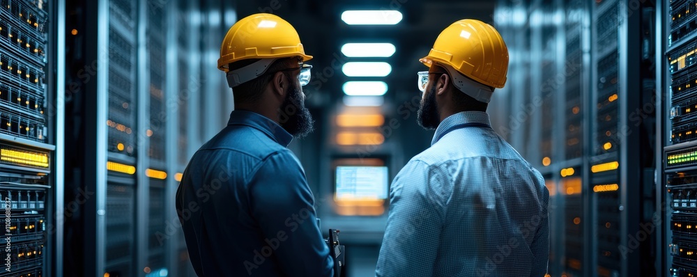 Poster two engineers wearing yellow helmets inspecting server racks in a data center.