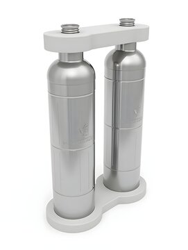 Cylinder converter for two 12 gram co2 canisters. Device for firing from a pneumatic weapon. Soda Chargers with carbon dioxide for making gas in water, isolated on a white back