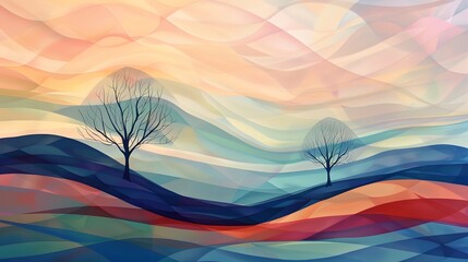 Abstract Landscape with Two Bare Trees at Sunset