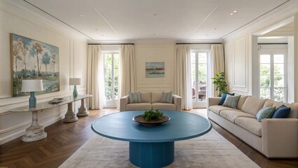 Elegant Living Room with Soft Colors, Round Table, and Natural Light V1
