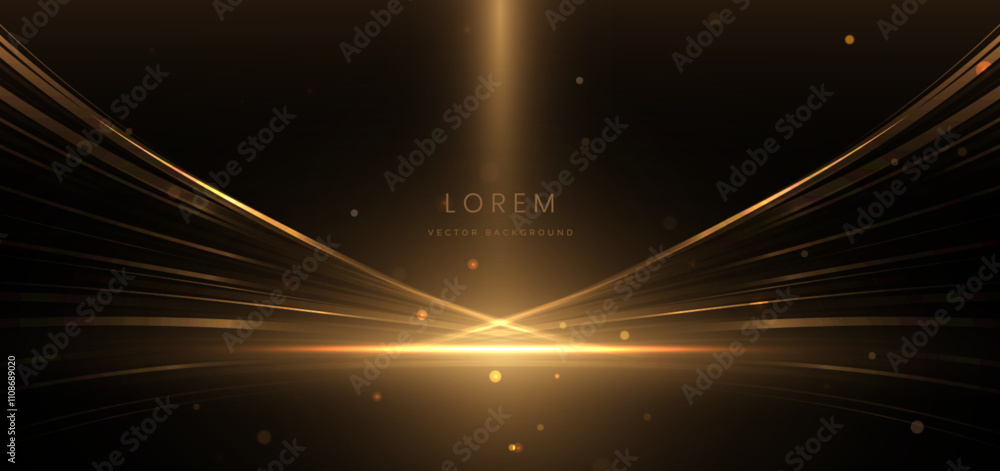 Poster elegant glowing golden wave lines on black background with lighting effect and sparkle with copy spa