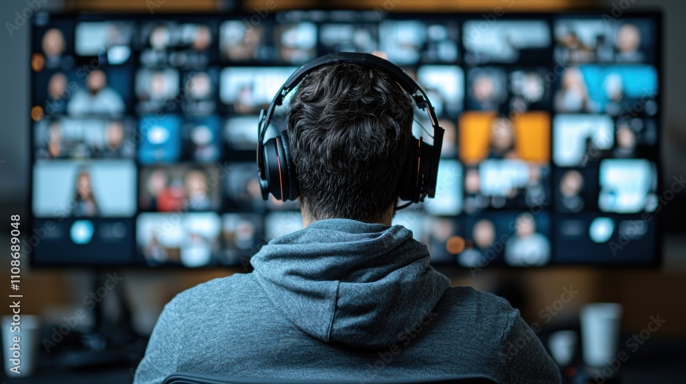 Poster man with headphones facing a large monitor displaying multiple video conference screens