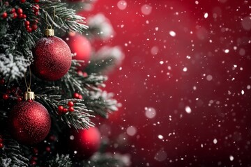 Festive Christmas background. Sparkling red balls on the Christmas tree, blurred bokeh lights. 
