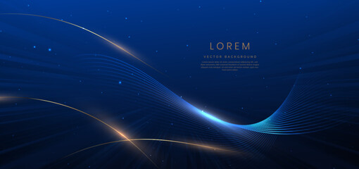 Abstract elegant dark blue background with golden curved lines and lighting effect sparkle.