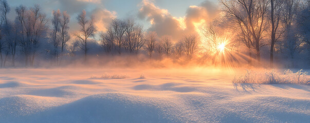 Obraz premium Magical winter sunrise illuminating a snow-covered field and frosty trees.