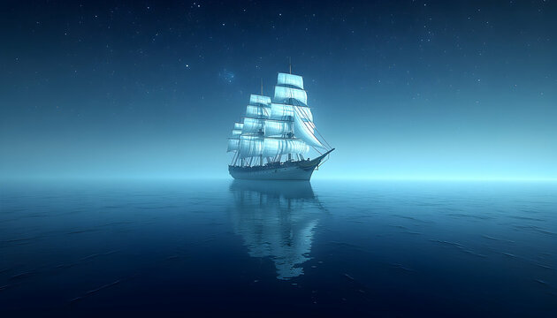 Majestic clipper ship sailing on calm ocean under starry night sky.