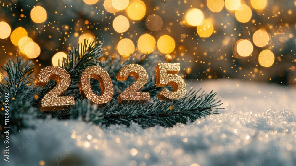Poster golden 2025 numbers on a snow-covered evergreen branch with glowing bokeh lights in the background.