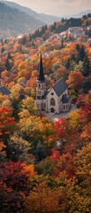 Naklejka premium Beautiful autumn foliage surrounding the Roncesvalles chapel, fall leaves, forest, peaceful setting, Camino trail