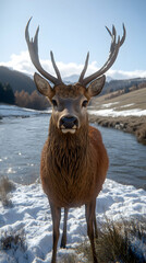 Fototapeta premium Majestic red deer stag with large antlers standing in snowy landscape near river.