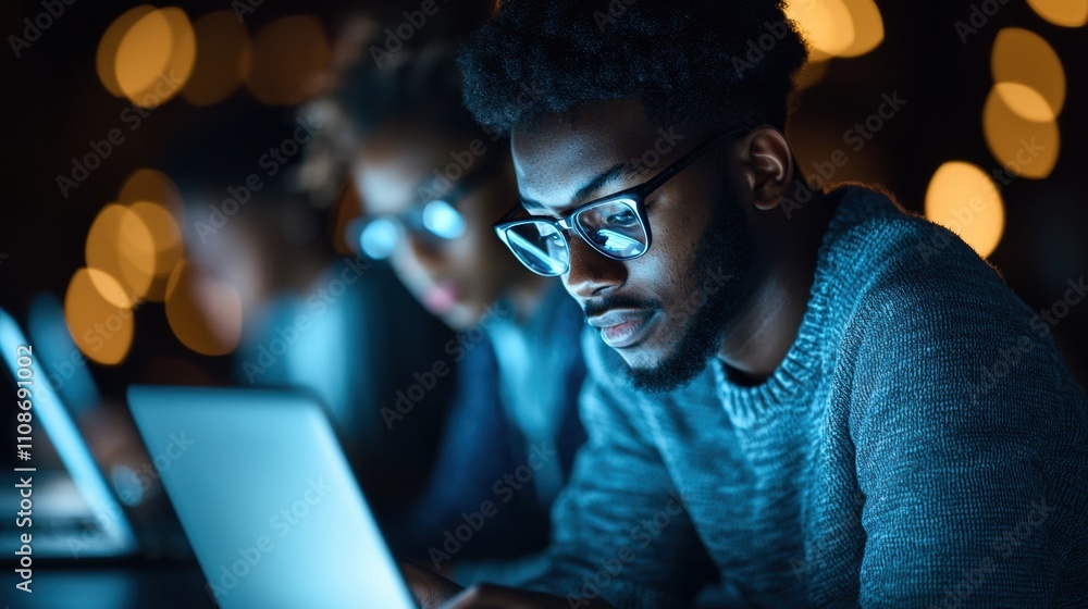 Poster focused man wearing glasses working on a laptop in a dark environment with blurred bokeh lights in t