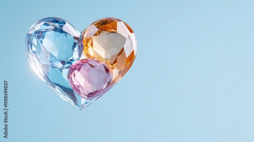 Poster colorful 3d heart shape made of vibrant gemstones on soft background for creative projects and graph