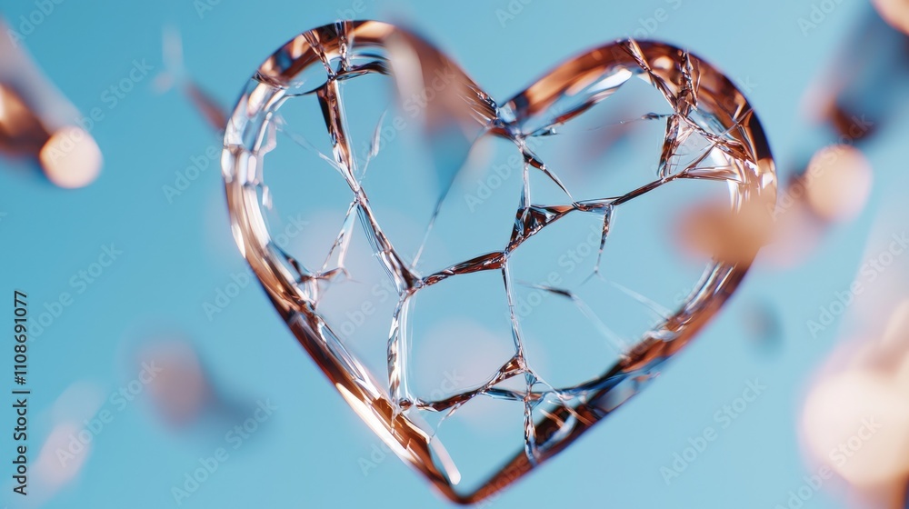 Poster delicate 3d heart symbol made of shattered glass floating against a soft blue background with sparkl