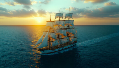 Obraz premium Majestic sailing ship at sunset on calm ocean waters.