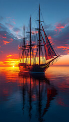 Fototapeta premium Majestic sailing ship at sunset, reflected in calm ocean waters.