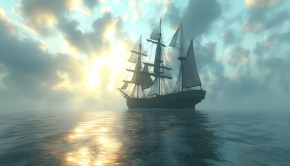 Fototapeta premium Majestic sailing ship at sunset, sailing on calm ocean waters.
