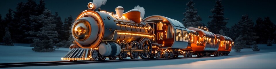 Obraz premium Snow-covered landscape features a vintage train glowing in the night sky with festive decorations during winter