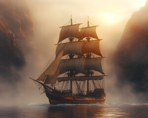 Fototapeta premium Majestic sailing ship navigating a misty fjord at sunset.