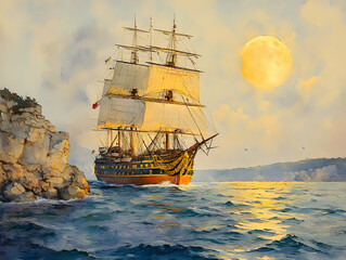 Obraz premium Majestic sailing ship navigating coastal waters under a large moon.