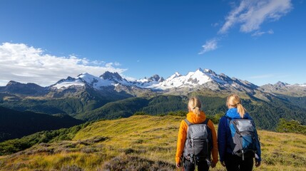 Naklejka premium Couple Enjoying Scenic Hike with Breathtaking Mountain Views Under Clear Blue Sky Surrounded by Nature in a Picturesque Landscape