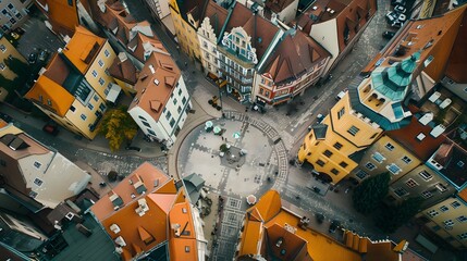 Aerial View of a European City Square with Colorful Buildings