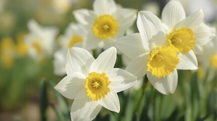 beautiful white daffodil flowers with yellow orange centers, decorative background, natural beauty, life cycle, spring flowers