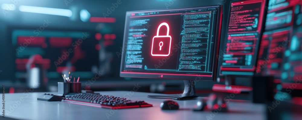 Poster cybersecurity warning displayed on computer monitors in a dark office.
