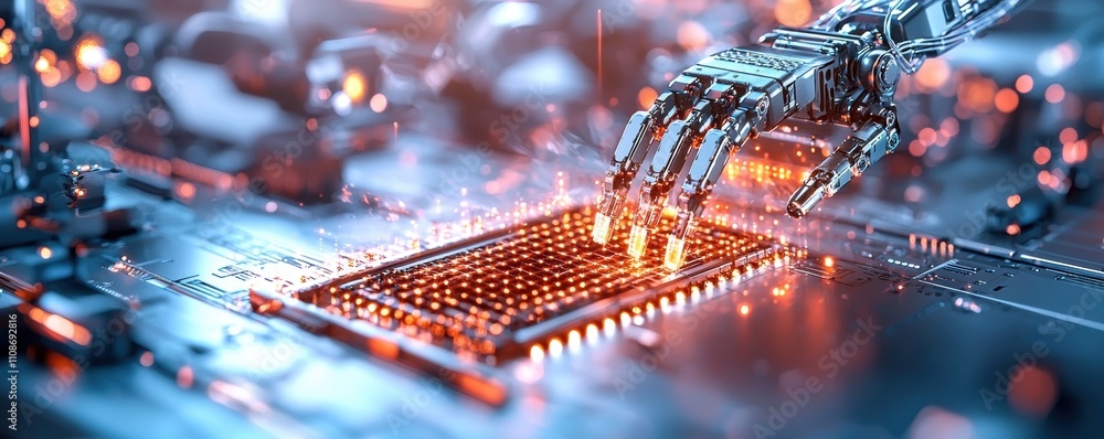 Aufkleber robotic hand interacting with illuminated microchip on electronic circuit board.