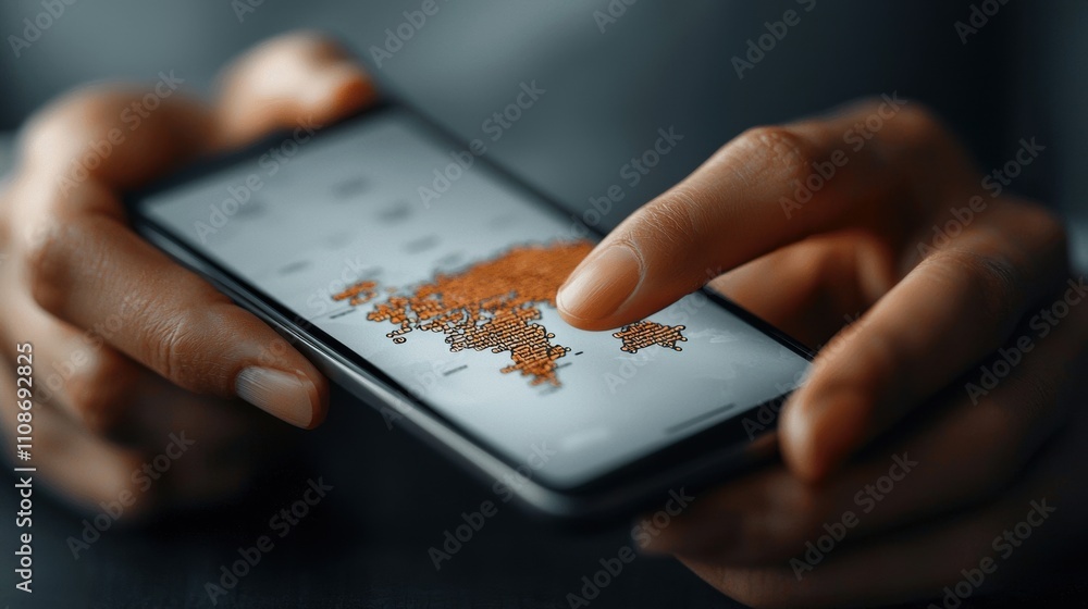 Poster hand holding smartphone displaying digital map with highlighted regions. close-up macro shot of touc