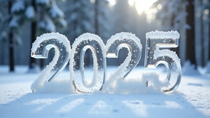 A snow-covered forest with a large block of ice that spells out the number 2025