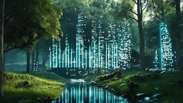 Digital Forest: Glowing Lines of Data Flow Through a Lush Green Landscape