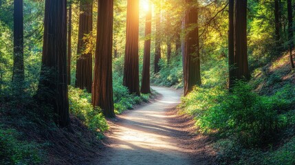 Obraz premium Majestic giant redwood forest filled with legendary redwoods, offering a serene atmosphere among towering trees, perfect for nature lovers and photographers, with ample copy space.