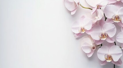 Delicate orchid flowers arranged in a box against a white background, highlighting the elegance of orchids with ample copy space for design elements.