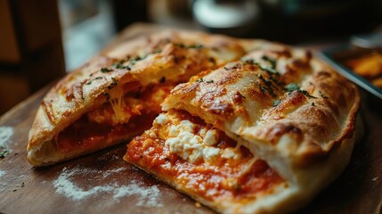 Closeup of a delicious calzone filled with ricotta and cheese, beautifully arranged for a tempting presentation. Ideal for food photography with ample copy space for text.