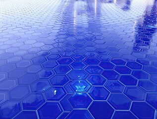 Obraz premium Blue hexagonal ceramic floor tiles with glossy sheen, mosaic, flooring, pattern