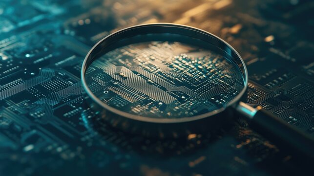 Magnifying glass positioned against a circuit board background highlights the intricate details of technology. This image captures the essence of innovation with ample copy space. - Powered by Adobe