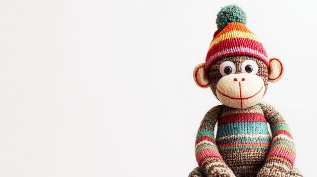 A sock monkey wearing a hat stands out against a white background, offering a playful and charming visual. This sock monkey image provides ample copy space for creative use.