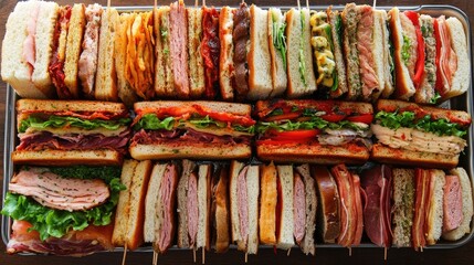 Assorted deli sandwiches arranged on a sandwich tray, perfect for catering services, ideal for gatherings and events. The sandwich tray offers a variety of flavors and presentation options.