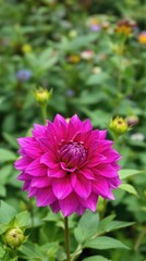 Obraz premium Bold magenta dahlia flower with selective focus on garden, close up, magenta