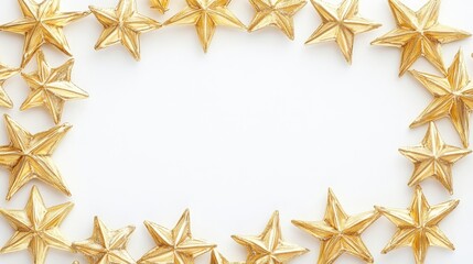 Obraz premium A decorative frame adorned with golden stars set against a white background, perfect for highlighting special moments or messages. This golden stars frame offers ideal photo style copy space.