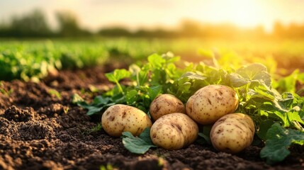 Fresh potatoes nestled in a vibrant green field, illuminated by warm sun rays during sunset. This scene of fresh potatoes offers a serene landscape with ample copy space.