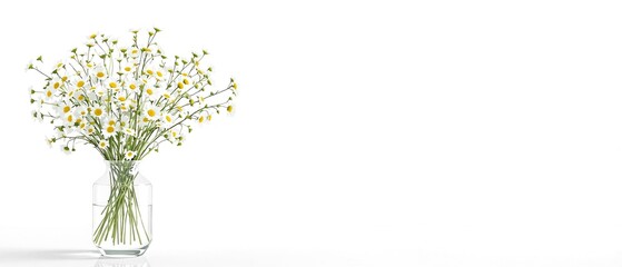 Obraz premium Bouquet of white daisy fleabane blooms in a clear glass vase, botany, nature