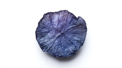 Blue potato chip isolated on a clean white background, highlighting the unique color and texture of the blue potato chip, perfect for culinary themes and snack presentations.