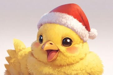 Cartoon 3D cute smiling yellow baby chicken wearing a Christmas Santa hat.