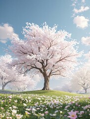 Naklejka premium Breathtaking view of white plum tree in full bloom, natural, landscape, mindfulness, tranquil