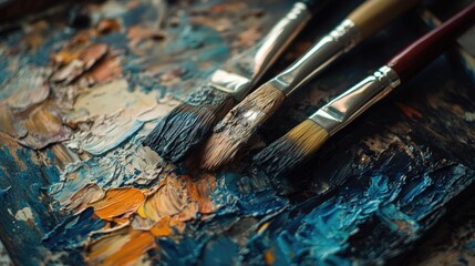 Obraz premium Close-up macro of an oil painting displaying an artistic palette and brushes with smeared oil paints, capturing the essence of creativity and artistic expression in the photo.