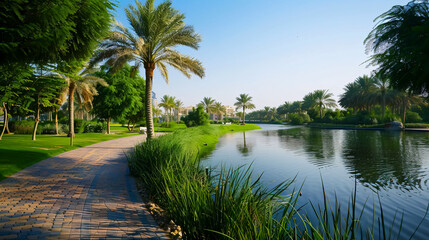 Obraz premium Al Barsha Pond Park: Capturing the tranquility of Dubai�s Al Barsha Pond Park, featuring lush greenery and peaceful surroundings.